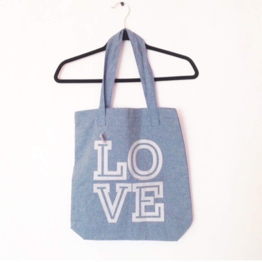 Women's Blue Cotton Denim Chambray LOVE Tote Bag